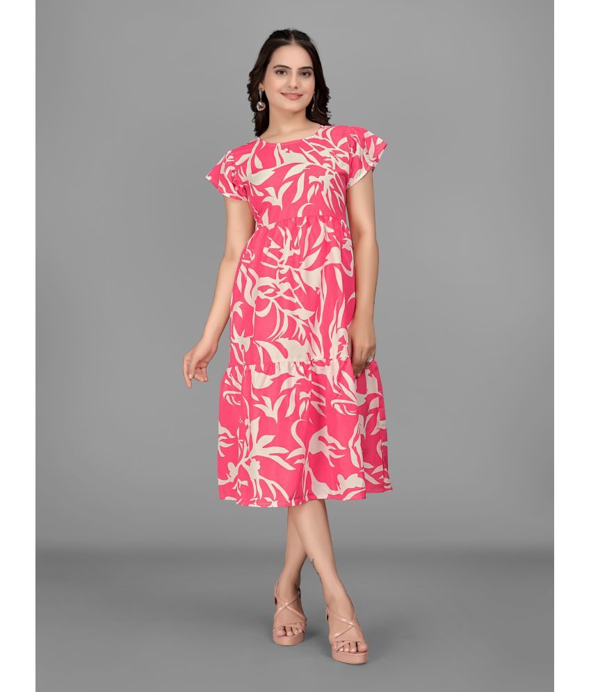     			Parnavi Cotton Printed Midi Women's Fit & Flare Dress - Pink ( Pack of 1 )