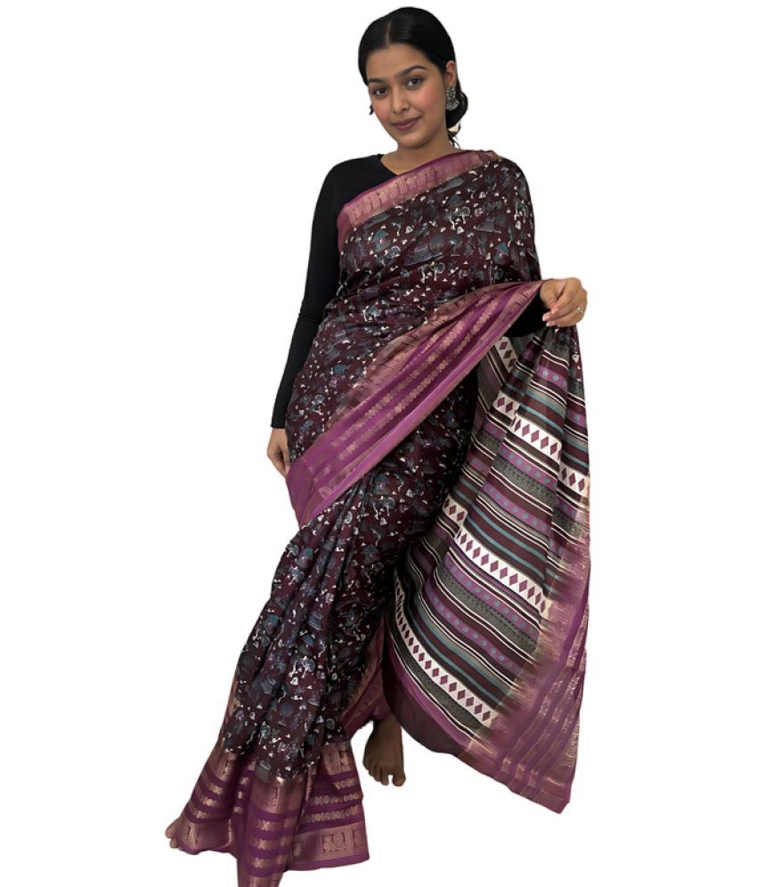     			Sitanjali Silk Blend Printed Saree With Blouse Piece - Wine ( Pack of 1 )