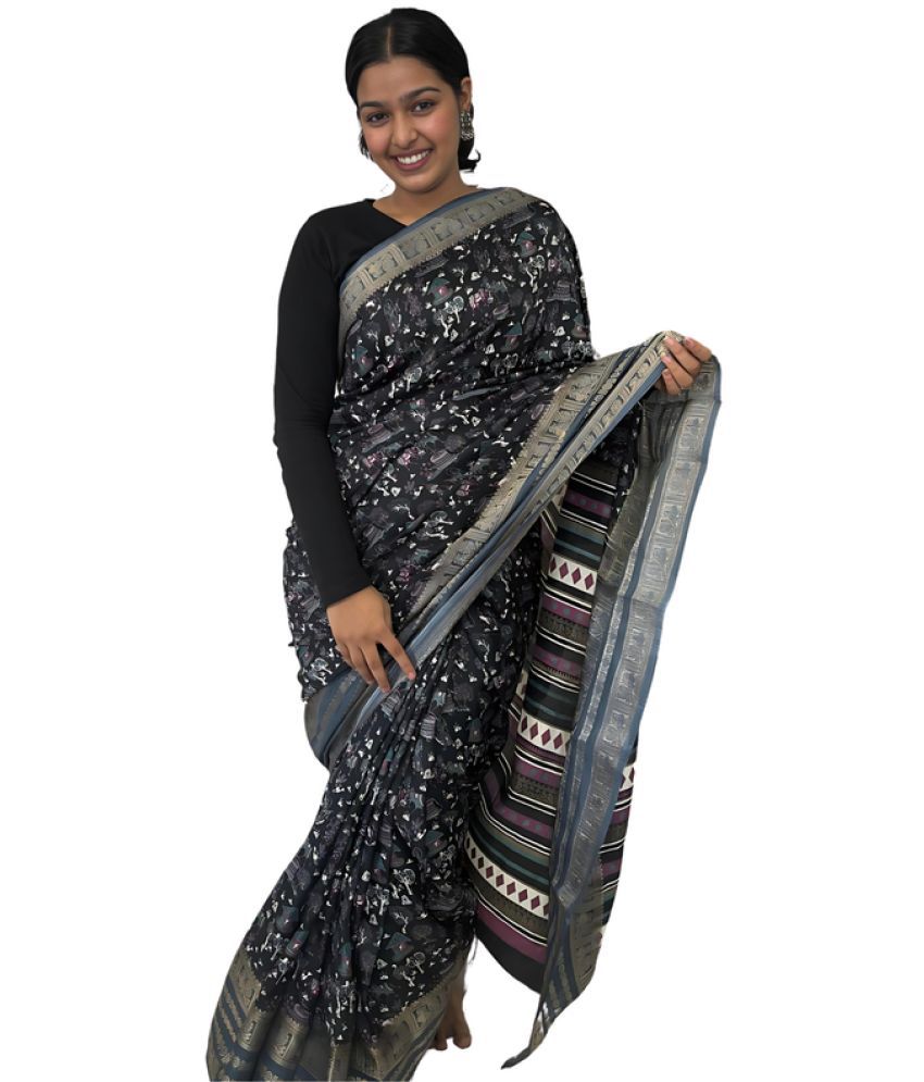     			Sitanjali Silk Blend Printed Saree With Blouse Piece - Black ( Pack of 1 )