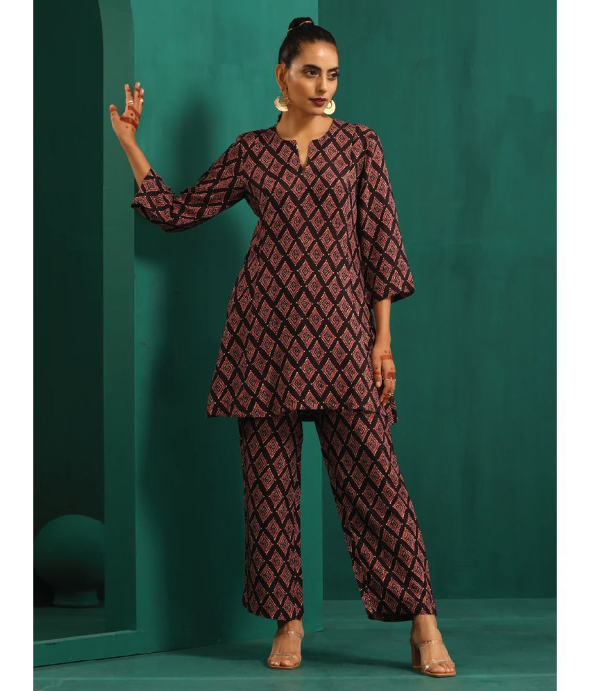     			THE FAB FACTORY Rayon Printed Kurti With Pants Women's Stitched Salwar Suit - Coffee ( Pack of 1 )