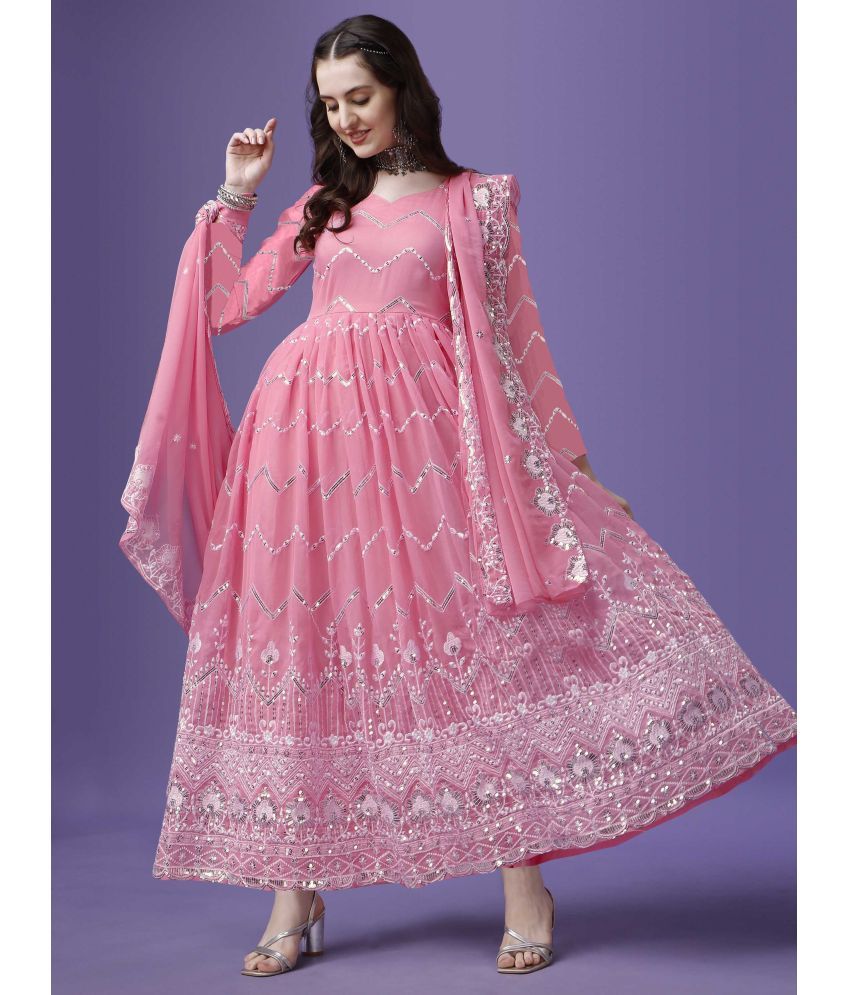     			Trijal Fab Pink Anarkali Georgette Women's Stitched Ethnic Gown ( Pack of 1 )