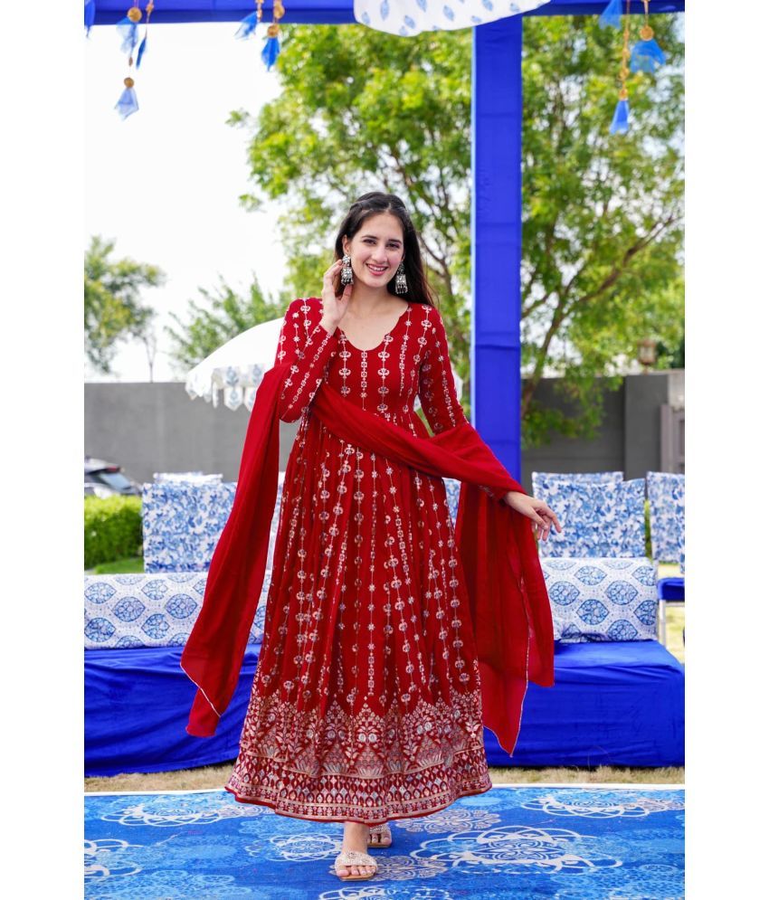     			Trijal Fab Red Anarkali Georgette Women's Stitched Ethnic Gown ( Pack of 1 )