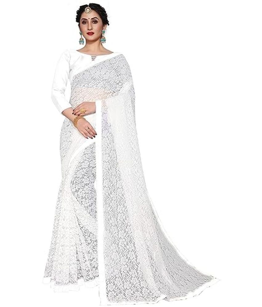     			Vkaran Net Cut Outs Saree With Blouse Piece - white ( Pack of 1 )