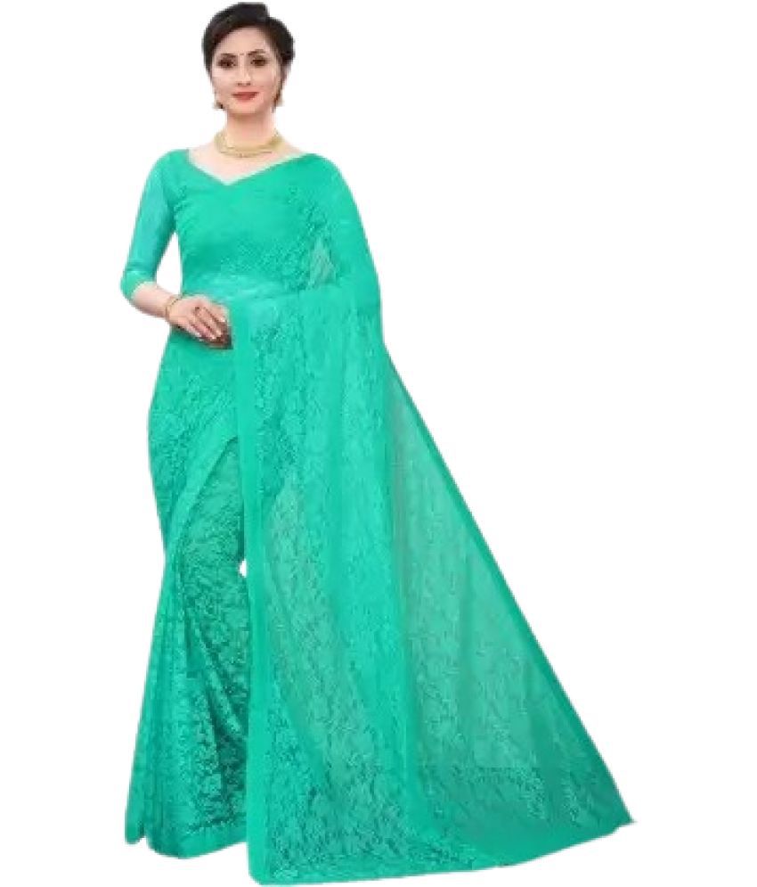     			Vkaran Net Cut Outs Saree With Blouse Piece - Turquoise ( Pack of 1 )
