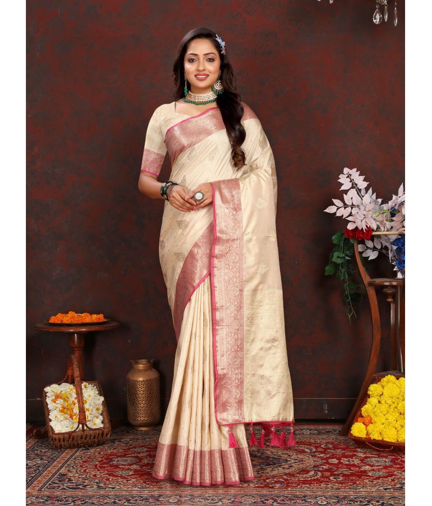     			ofline selection Silk Blend Woven Saree With Blouse Piece - Cream ( Pack of 1 )