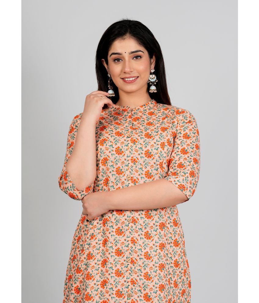     			Angvarnika Cotton Printed Front Slit Women's Kurti - Peach & Blue ( Pack of 1 )