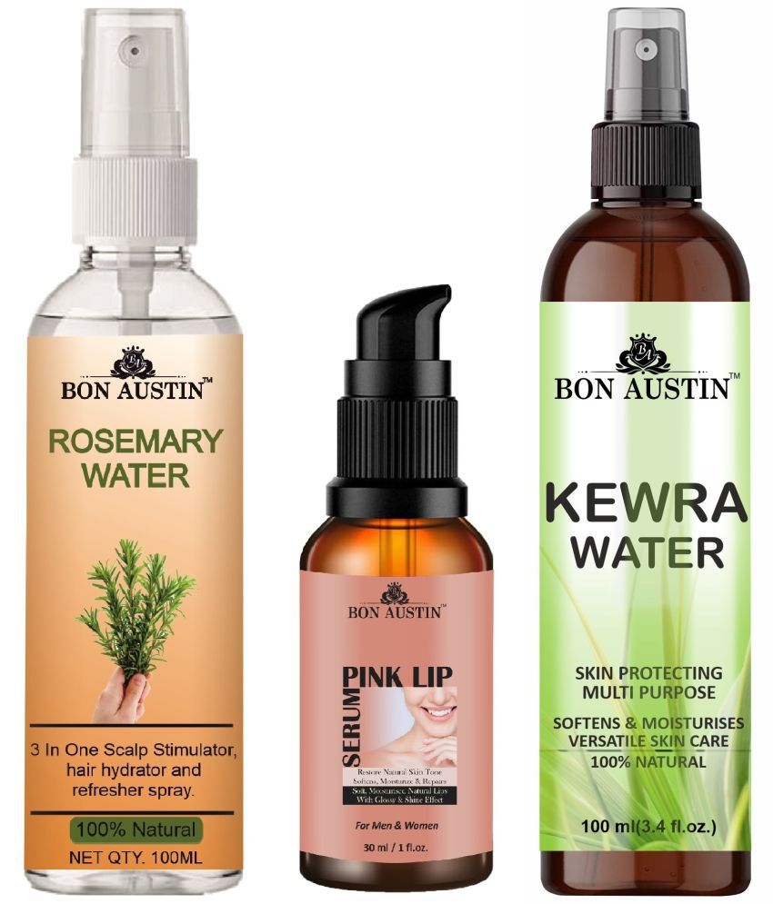     			Bon Austin Natural Rosemary Water | Hair Spray For Regrowth (100ml), Pink Lip Serum 30ML & Natural Kewra Water 100ml - Set of 3 Items