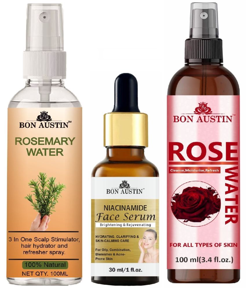     			Bon Austin Natural Rosemary Water | Hair Spray For Regrowth (100ml), Niacindamide Face Serum 30ML & Natural Rose Water 100ml - Set of 3 Items