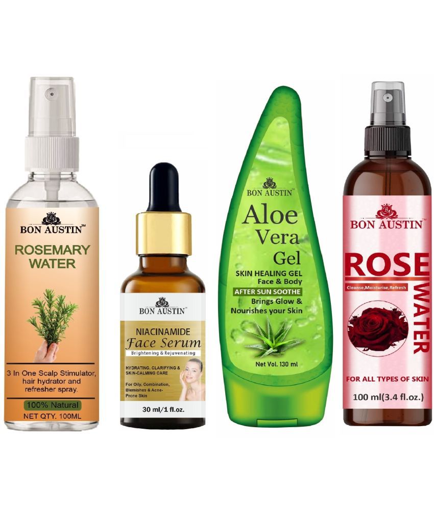     			Bon Austin Rosemary Water Hair Spray For Regrowth (100ml), Niacindamide Face Serum 30ML, Aloe Vera Face Gel 130ML & Natural Rose Water 100ml - Set of 4 Items