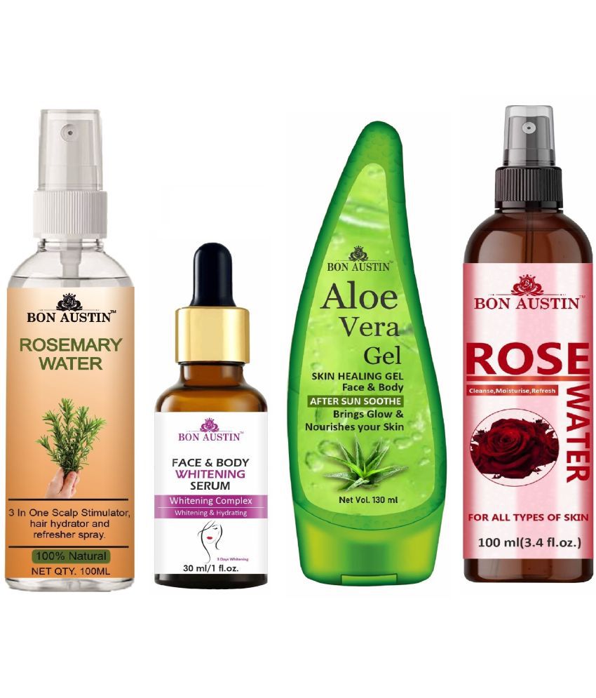     			Bon Austin Rosemary Water Hair Spray For Regrowth (100ml), Face and Body Whitening Serum 30ML, Aloe Vera Face Gel 130ML & Natural Rose Water 100ml - Set of 4 Items