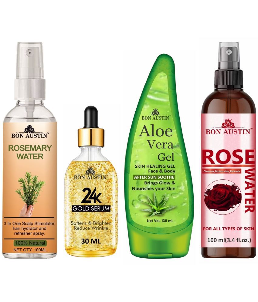     			Bon Austin Rosemary Water Hair Spray For Regrowth (100ml), 24K Gold Serum 30ML, Aloe Vera Face Gel 130ML & Natural Rose Water 100ml - Set of 4 Items