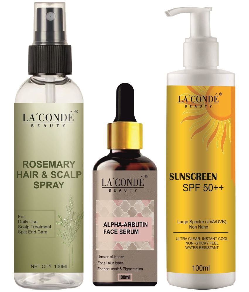     			La'Conde Beauty Rosemary Water | Hair Spray For Regrowth 100ml, Alpha Arbutin Serum for Drak Spot & Pigmentation 30ml & Sunscreen Cream with SPF50+ 100ml - Combo of 3