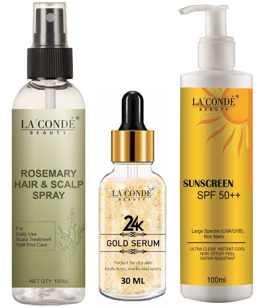     			La'Conde Beauty Rosemary Water | Hair Spray For Regrowth 100ml, 24K Gold Face Serum 30ml & Sunscreen Cream with SPF50+ 100ml - Combo of 3