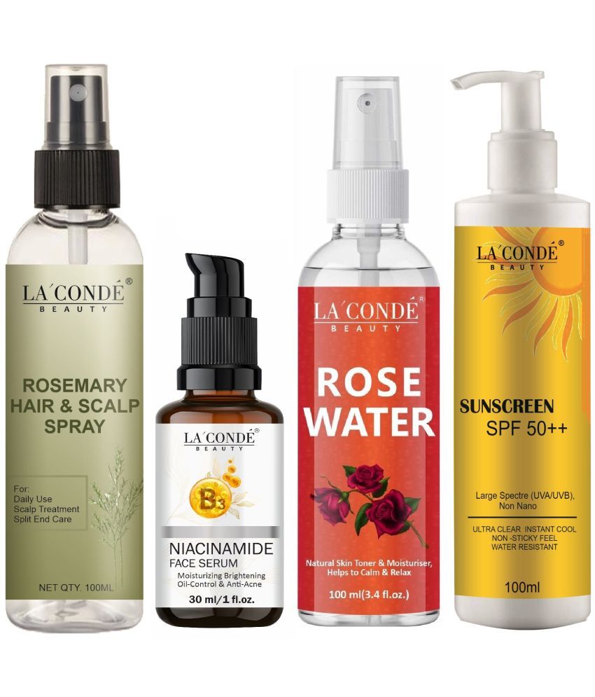     			La'Conde Beauty Rosemary Water | Hair Spray For Regrowth 100ml, Niacinamide Face Serum 30ml, Natural Rose Water 100ml & Sunscreen Cream with SPF50+ 100ml - Combo of 4