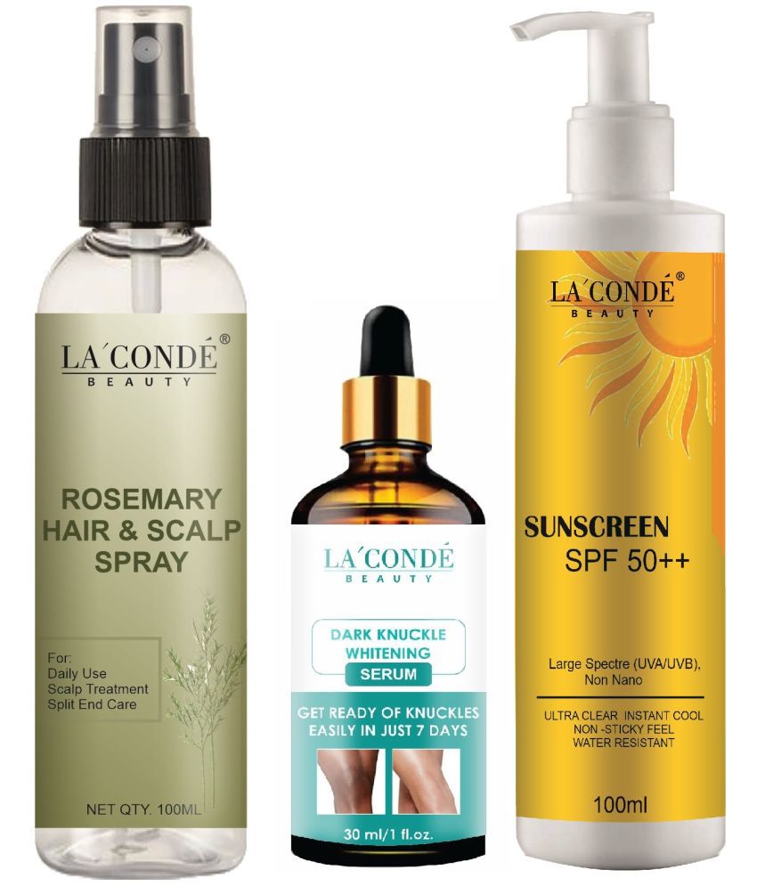     			La'Conde Beauty Rosemary Water | Hair Spray For Regrowth 100ml, Dark Knuckle Skin Whitening Serum 30ml & Sunscreen Cream with SPF50+ 100ml - Combo of 3
