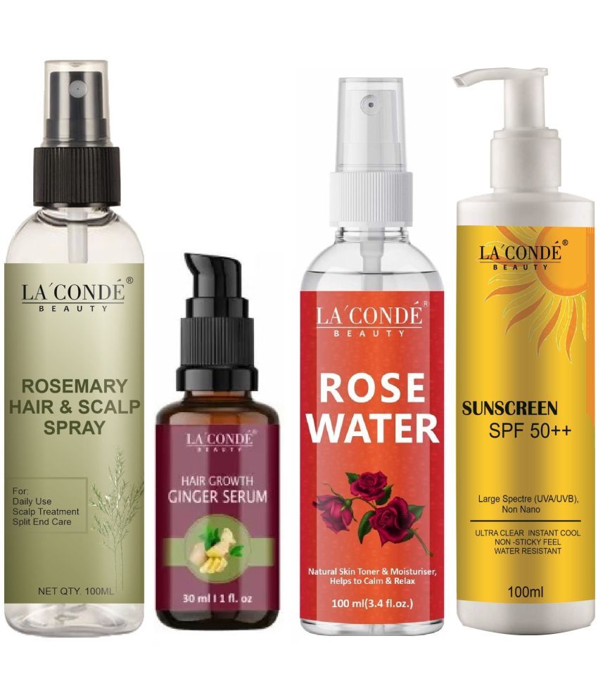     			La'Conde Beauty Rosemary Water | Hair Spray For Regrowth 100ml, Hair Growth Ginger Serum 30ml, Natural Rose Water 100ml & Sunscreen Cream with SPF50+ 100ml - Combo of 4