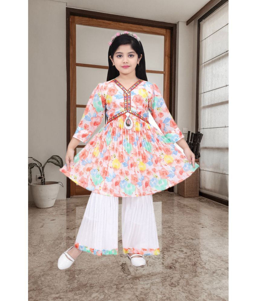     			NEWSIFA Orange Cotton Blend Girls Kurti With Palazzo ( Pack of 1 )