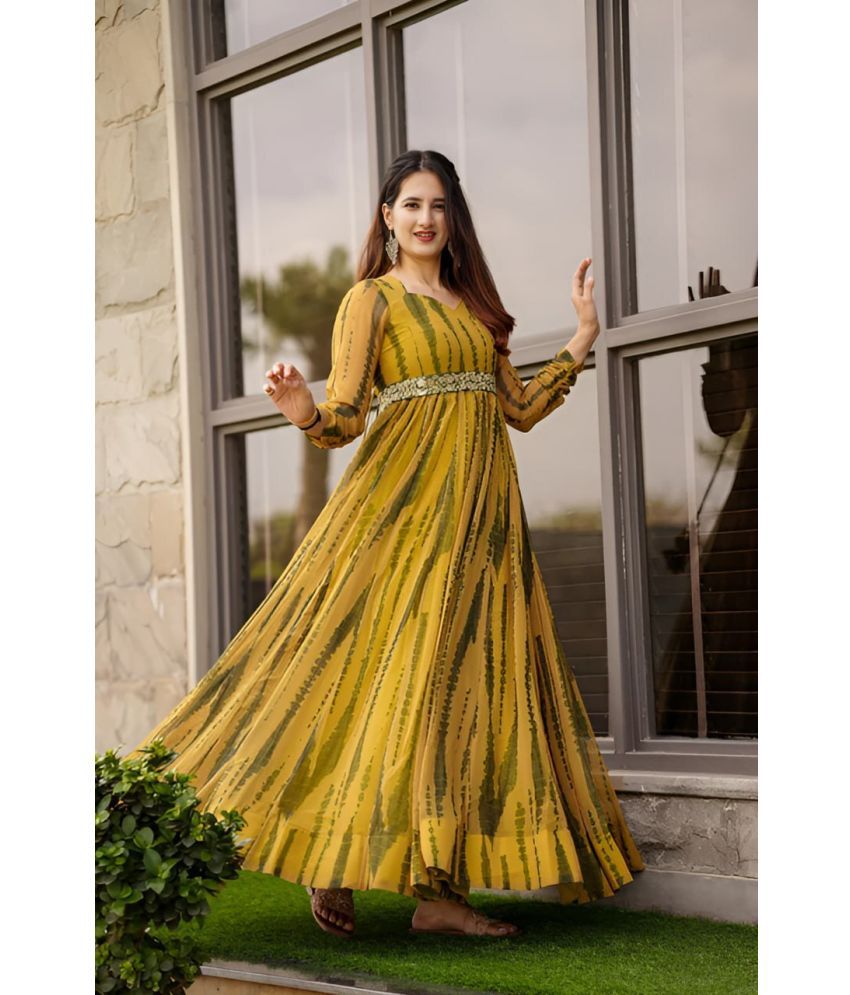     			Trijal Fab Georgette Printed Full Length Women's Gown - Yellow ( Pack of 1 )