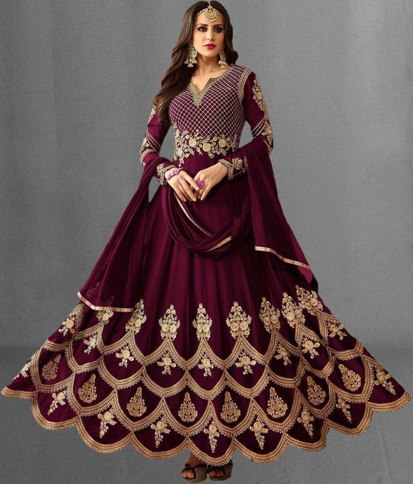     			Trijal Fab Wine Anarkali Silk Blend Women's Semi Stitched Ethnic Gown ( Pack of 1 )