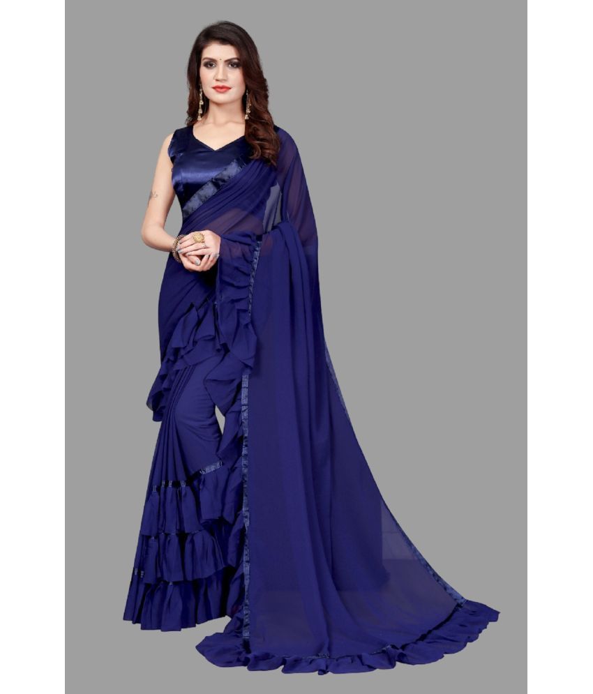     			A TO Z CART Georgette Solid Saree With Blouse Piece - Navy Blue ( Pack of 1 )