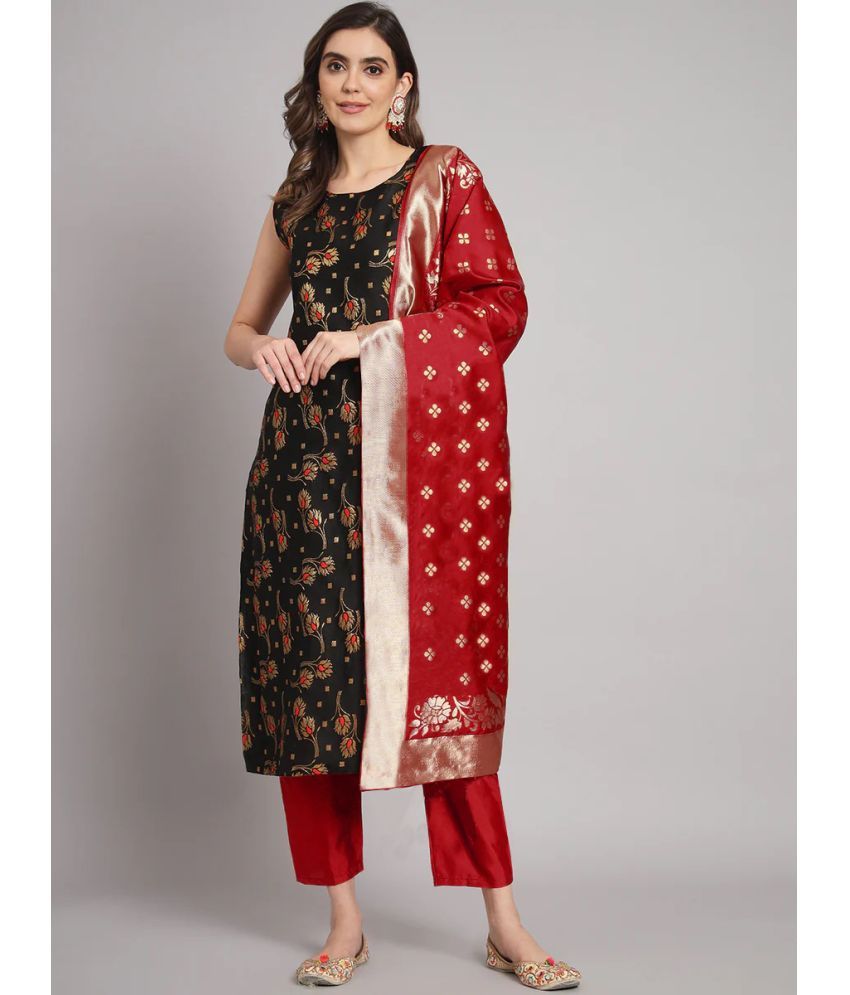     			Trijal Fab Banarasi Printed Kurti With Pants Women's Stitched Salwar Suit - Black ( Pack of 1 )