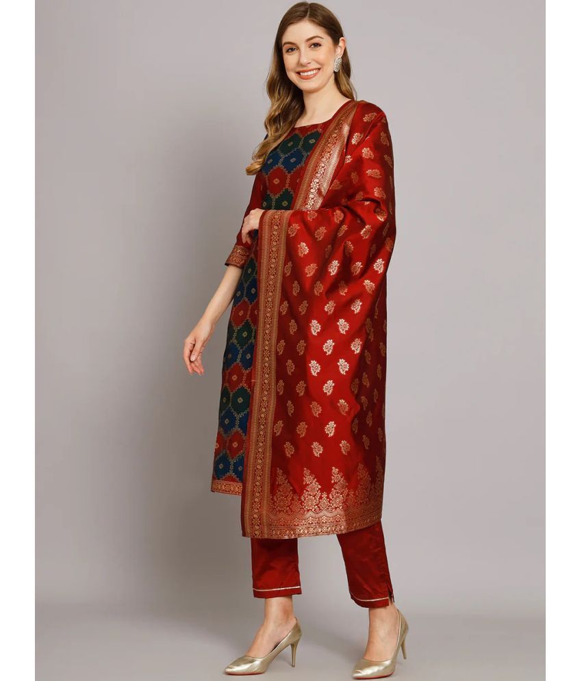     			Trijal Fab Banarasi Printed Kurti With Pants Women's Stitched Salwar Suit - Red ( Pack of 1 )