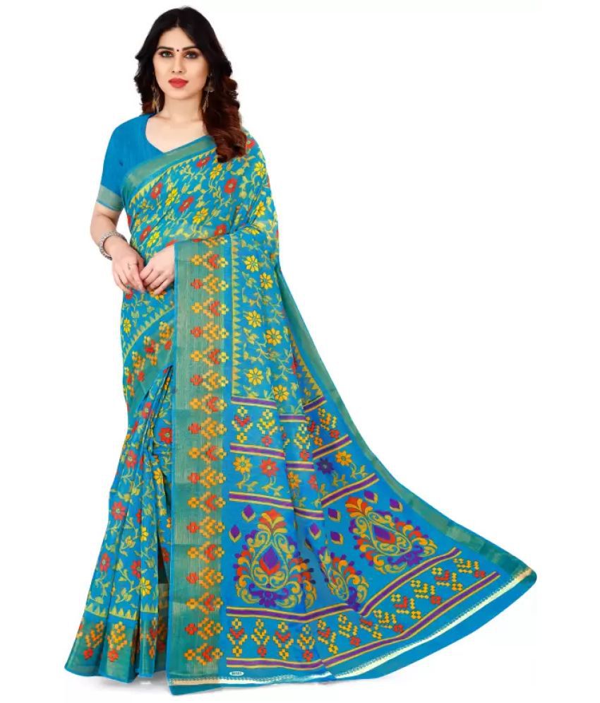     			Vkaran Cotton Silk Printed Saree With Blouse Piece - Rama ( Pack of 1 )