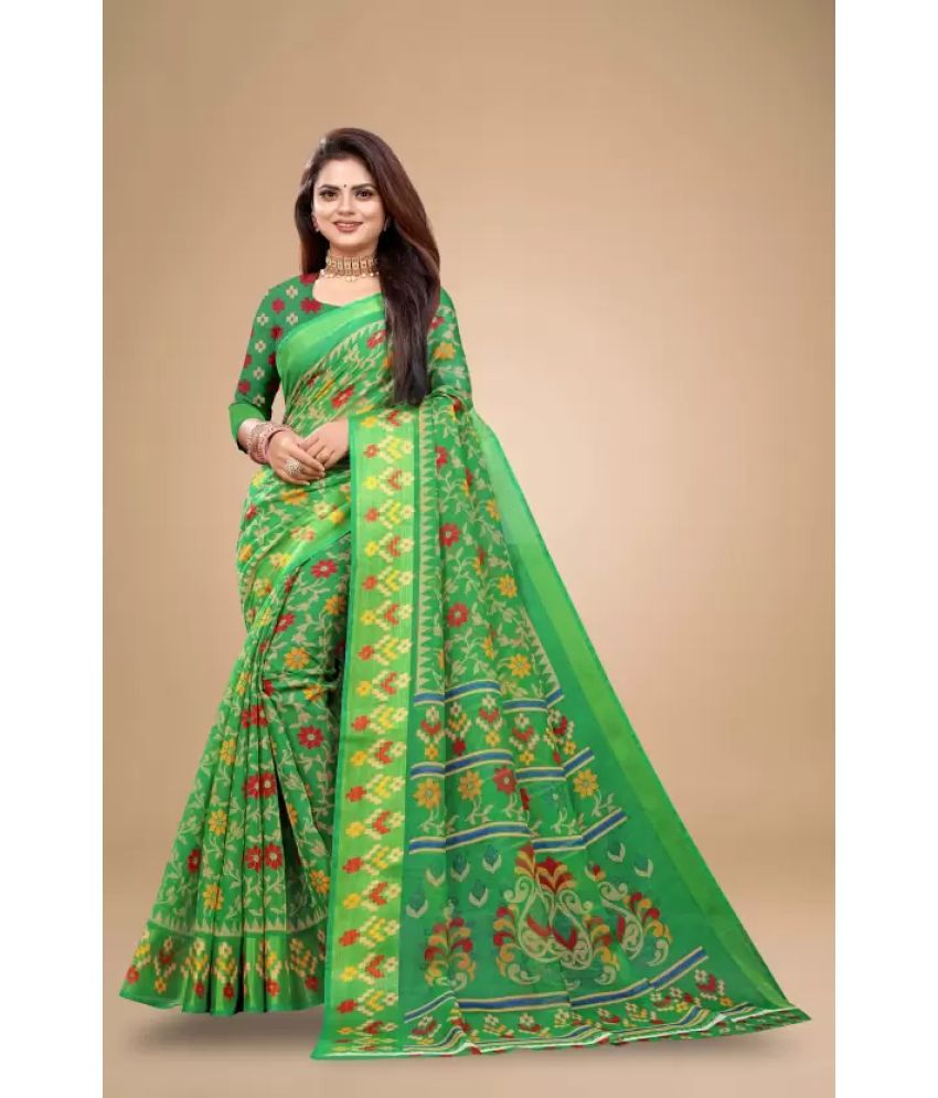     			Vkaran Cotton Silk Printed Saree With Blouse Piece - Green ( Pack of 1 )