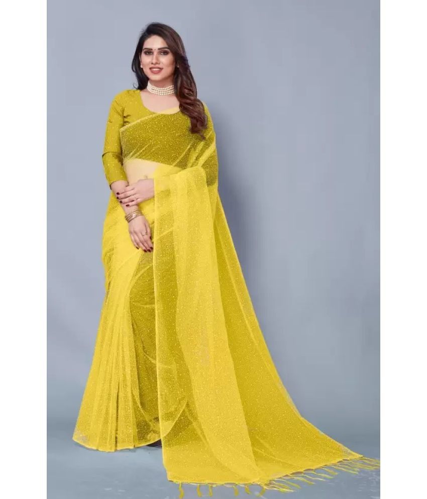     			Vkaran Net Solid Saree Without Blouse Piece - Yellow ( Pack of 1 )