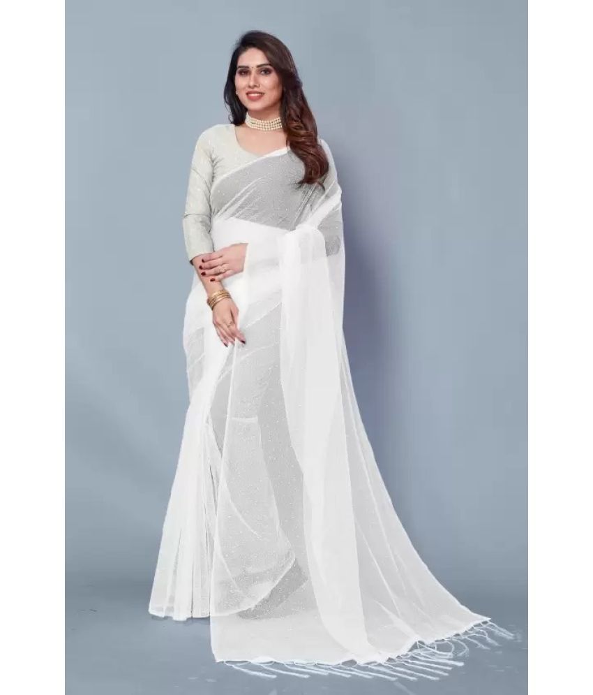    			Vkaran Net Solid Saree Without Blouse Piece - White ( Pack of 1 )