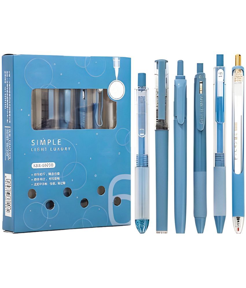     			WISHKEY Stylish Retractable Pens for Kids, 0.5mm Stationery Gel Pen Set for Girls & Boys, Smooth Writing, Quick Dry Ink Pens with Highlighter, Elegant Blue Pen Body, Blue Ink, 8+Years (Set of 6)