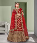 Trijal Fab Red Silk Blends A-line Semi Stitched Lehenga