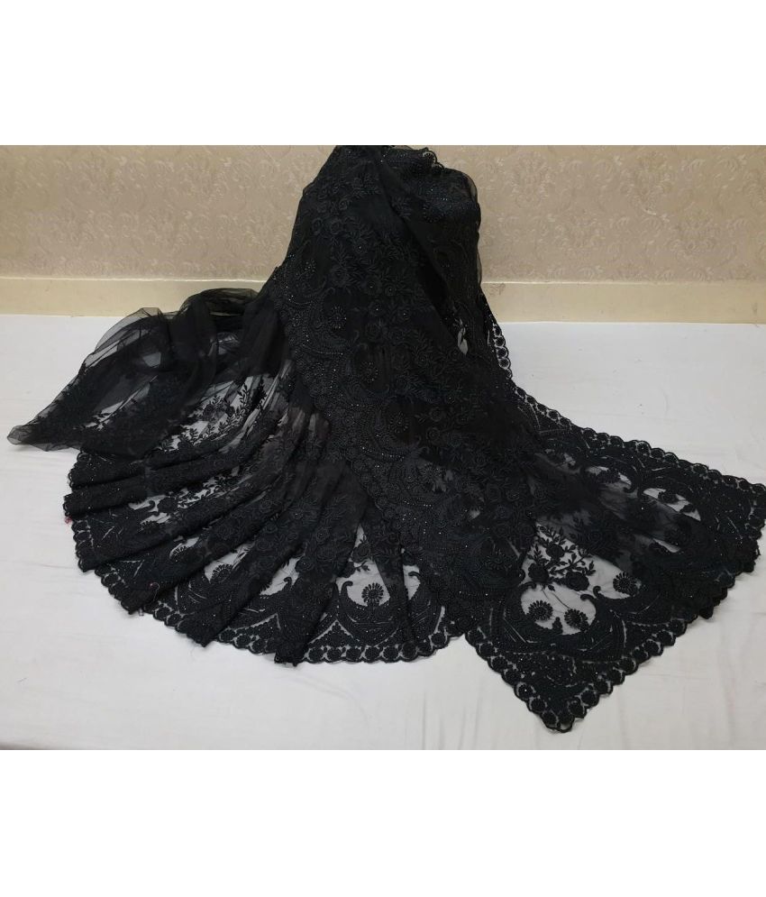     			A TO Z CART Net Embroidered Saree With Blouse Piece - Black ( Pack of 1 )