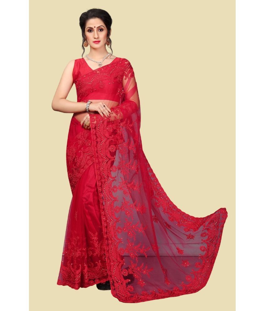     			A TO Z CART Net Embroidered Saree With Blouse Piece - Red ( Pack of 1 )