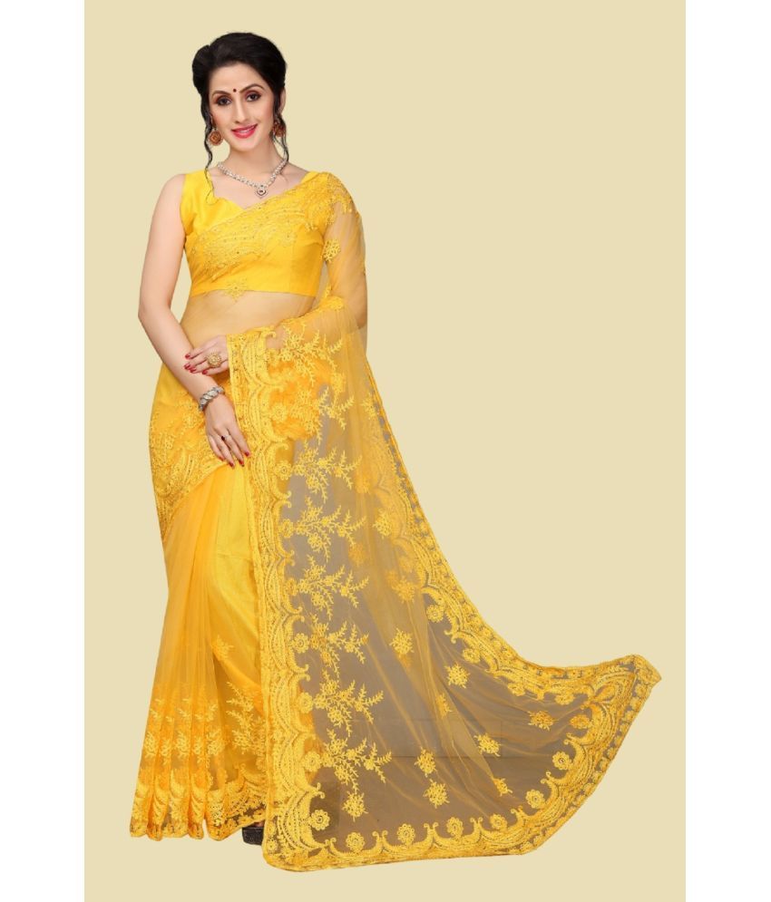     			A TO Z CART Net Embroidered Saree With Blouse Piece - Yellow ( Pack of 1 )