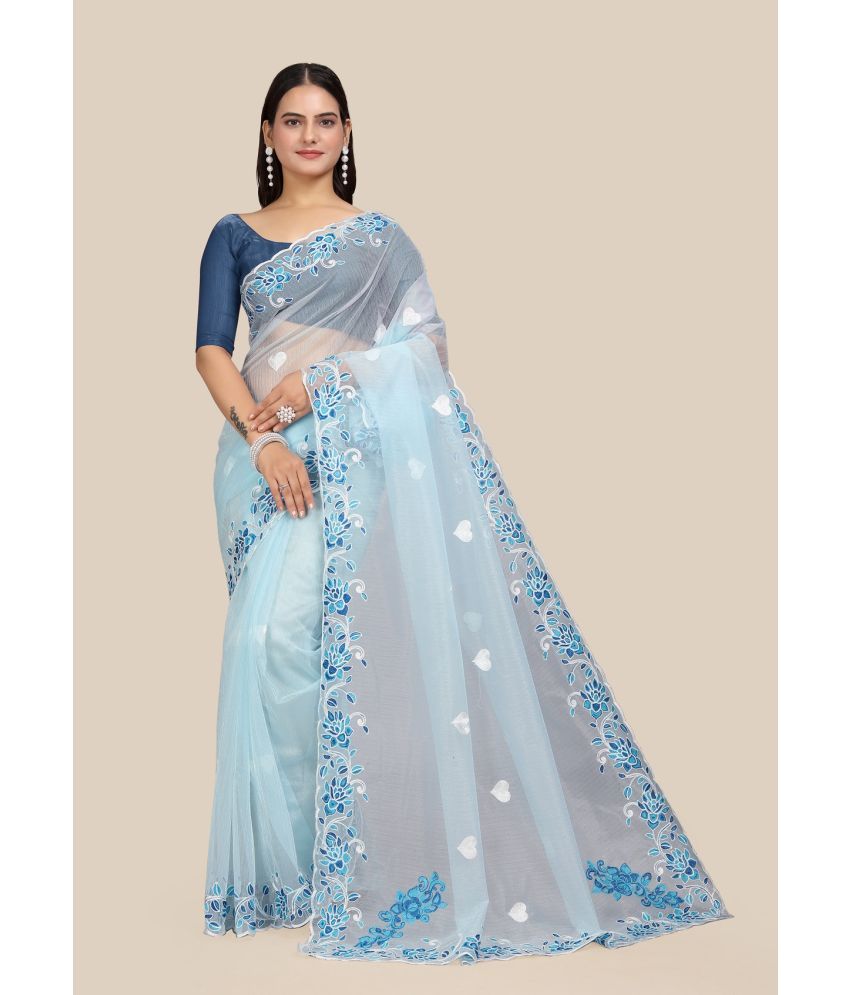     			A TO Z CART Net Embroidered Saree With Blouse Piece - SkyBlue ( Pack of 1 )