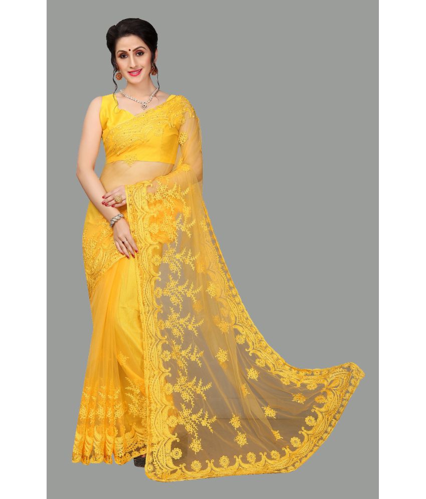     			A TO Z CART Net Embroidered Saree With Blouse Piece - Yellow ( Pack of 1 )
