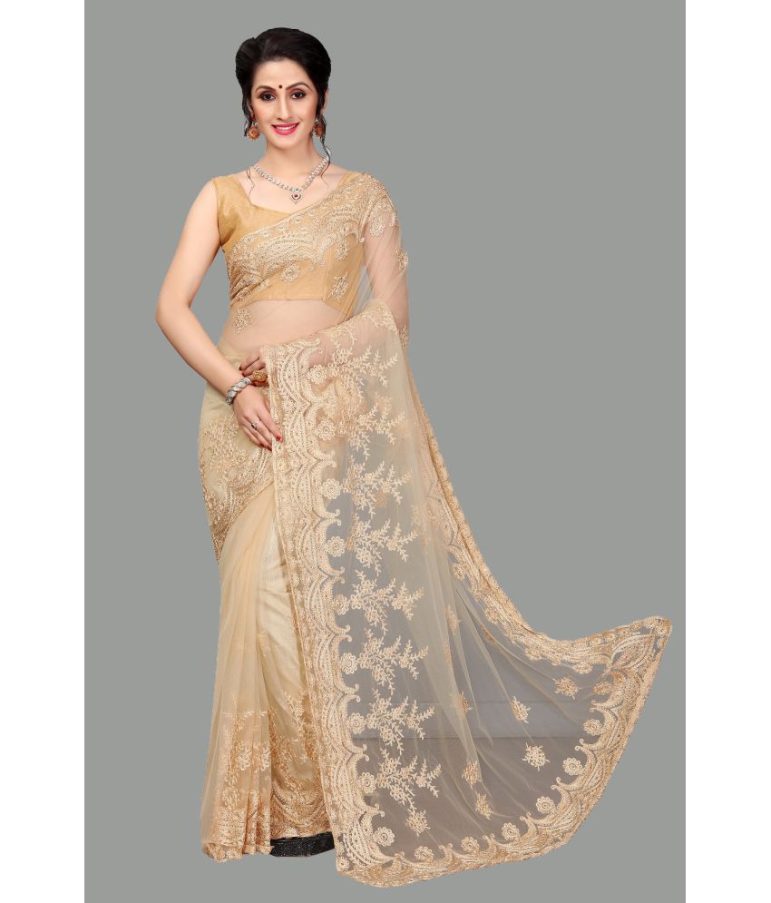     			A TO Z CART Net Embroidered Saree With Blouse Piece - Cream ( Pack of 1 )