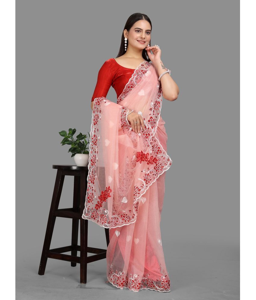     			A TO Z CART Net Embroidered Saree With Blouse Piece - Red ( Pack of 1 )