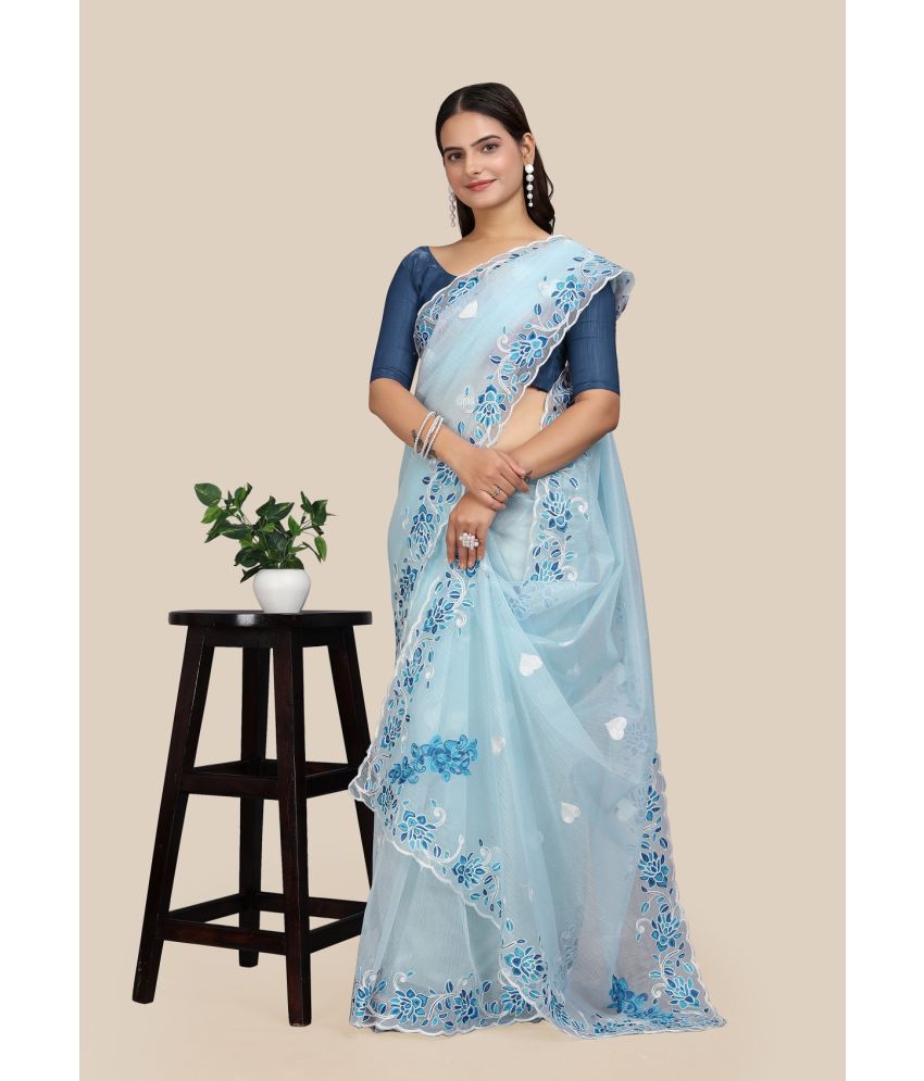     			Apnisha Net Embroidered Saree With Blouse Piece - SkyBlue ( Pack of 1 )