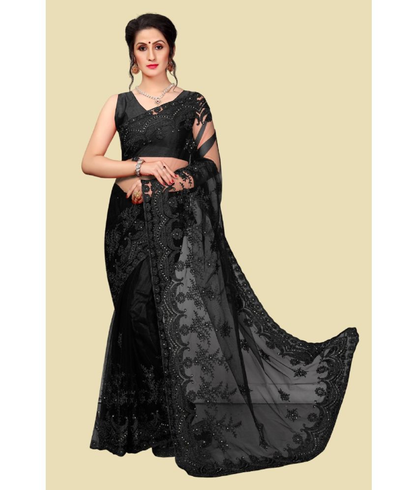     			Apnisha Net Embroidered Saree With Blouse Piece - Black ( Pack of 1 )