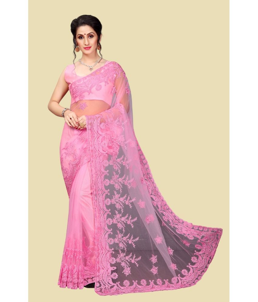     			Apnisha Net Embroidered Saree With Blouse Piece - Pink ( Pack of 1 )