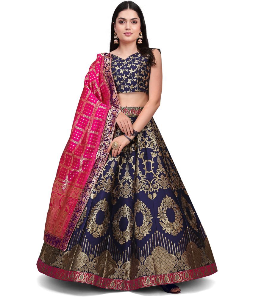     			Trijal Fab Navy Jacquard Circular Semi Stitched Lehenga