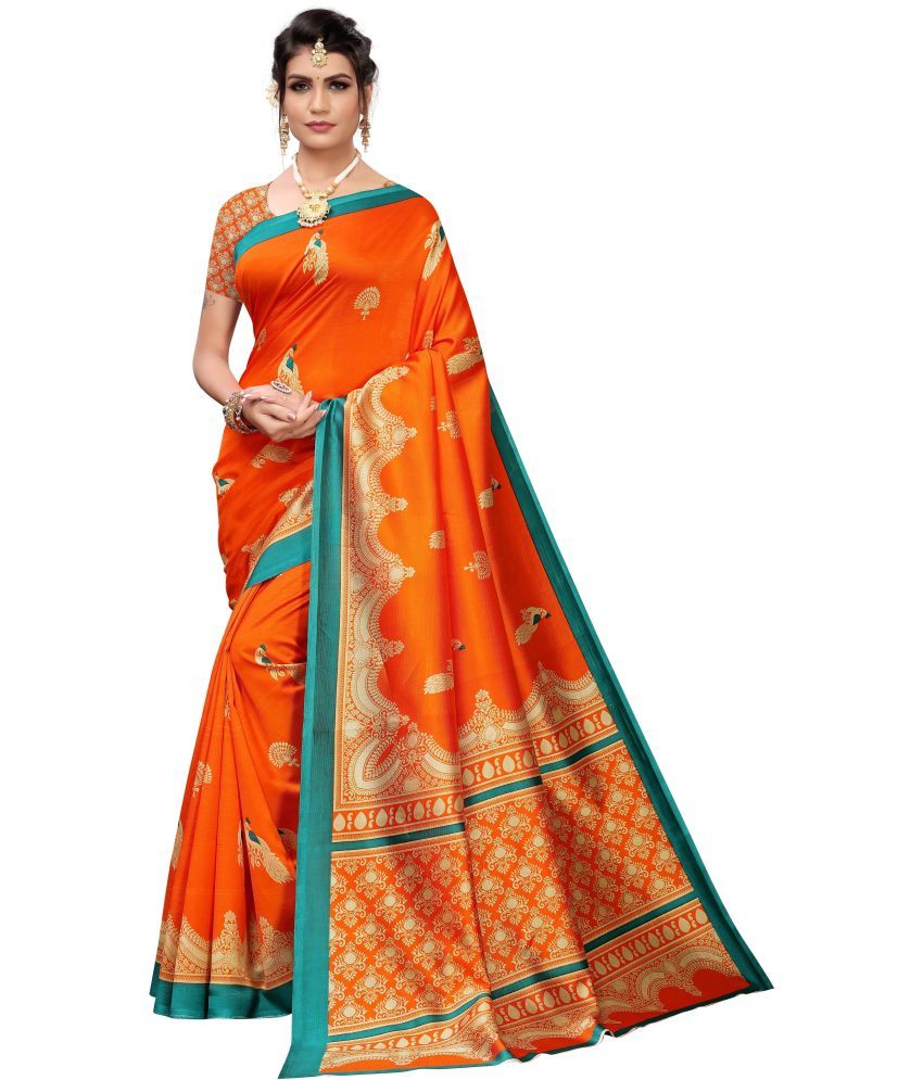     			Vkaran Cotton Silk Colorblock Saree With Blouse Piece - Orange ( Pack of 1 )