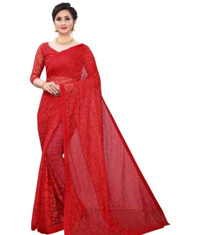     			Vkaran Net Cut Outs Saree Without Blouse Piece - Red ( Pack of 1 )