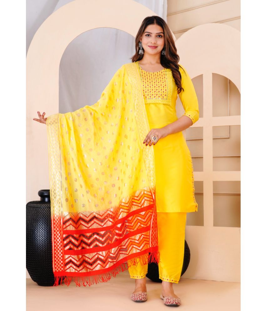    			EXPORTHOUSE Silk Embroidered Kurti With Pants Women's Stitched Salwar Suit - Yellow ( Pack of 1 )