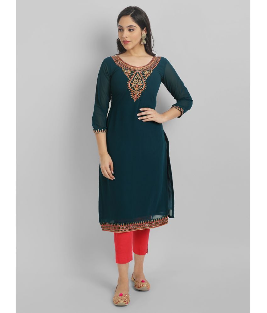     			Krunal Raiyani Georgette Embellished Straight Women's Kurti - Blue ( Pack of 1 )