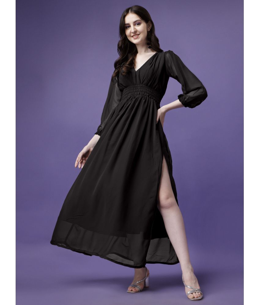     			Krunal Raiyani Georgette Solid Ankle Length Women's Side Slit Dress - Black ( Pack of 1 )