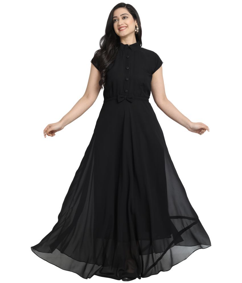     			Krunal Raiyani Georgette Solid Full Length Women's Fit & Flare Dress - Black ( Pack of 1 )