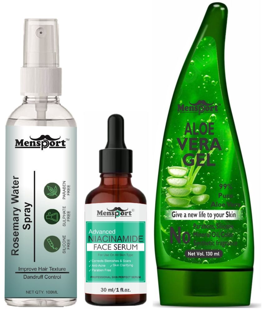     			Mensport Rosemary Water | Hair Spray For Hair Regrowth 100ml, Advanced Niacinamide Face Serum (Correct Blemishes & Scar) 30ml & Natural Aloe Vera Gel 130ml - Set of 3 Items